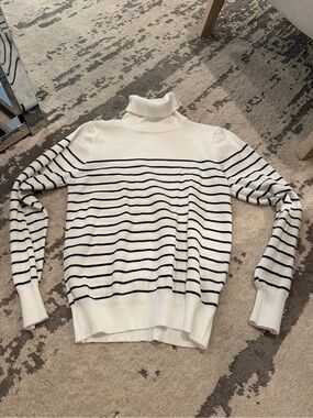 White and Black Striped Turtleneck Sweater - Women